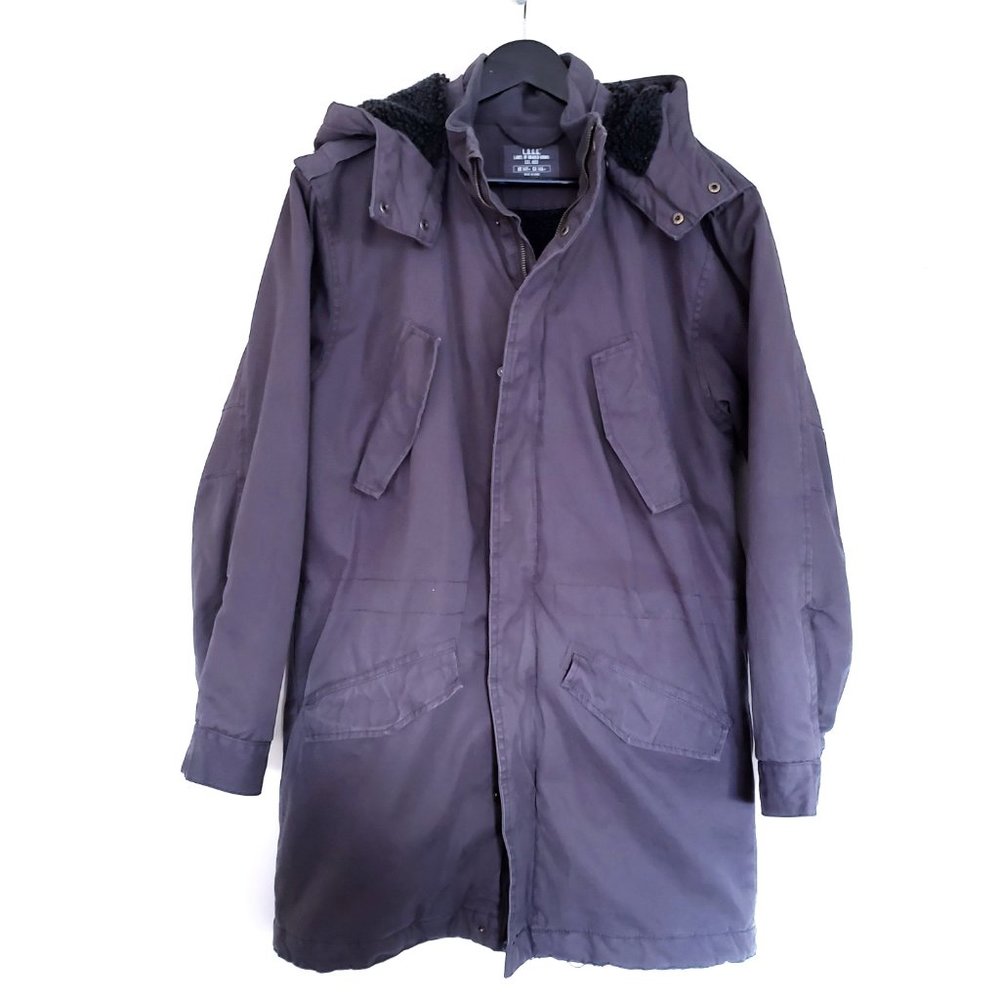 H&M Mid-Length Cotton Canvas Shearling Coat - Grey